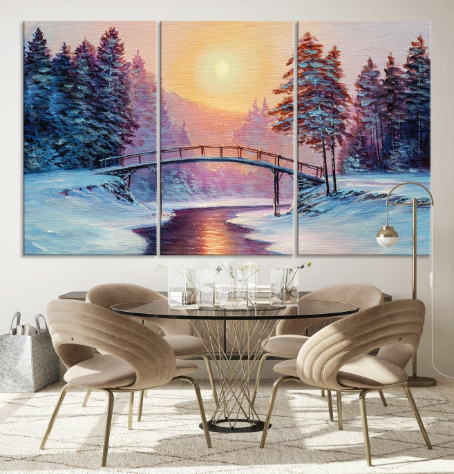 Beautiful Winter Landscape Painting Snowy Bridge Giclee Canvas Extra Large Wall Art Print