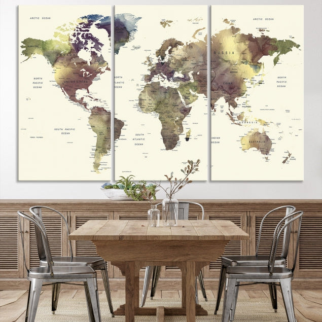 Vivid Colors Detailed World Map Wall Art Push Pin Travel Map Canvas Print