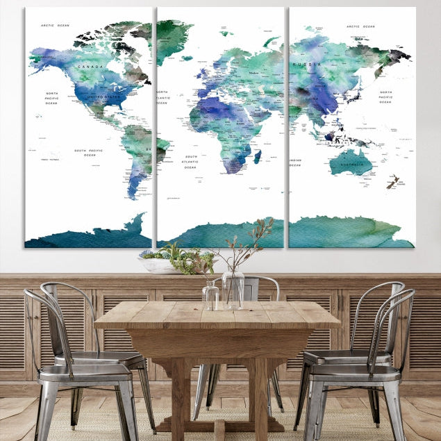 Vivid Colored World Map Push Pin Travel Map Canvas Wall Art Giclee Print