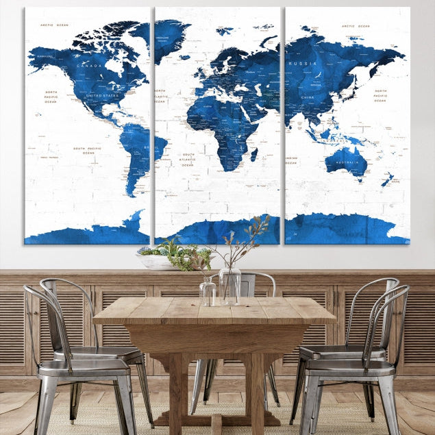 Blue Extra Large Framed Push Pin World Map Wall Art Canvas Print