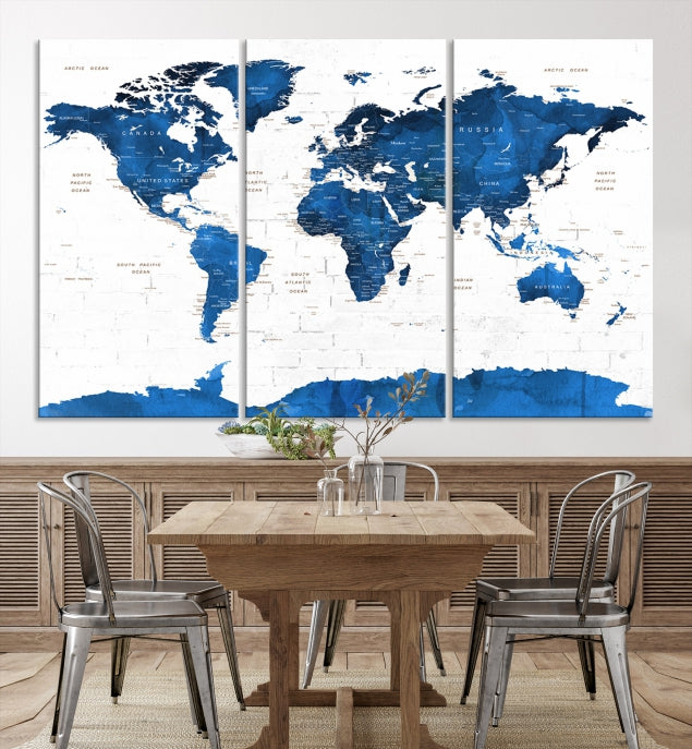 Blue Extra Large Framed Push Pin World Map Wall Art Canvas Print