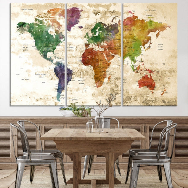 Push Pin World Map Canvas Print with Brownish Background Extra Large Framed Map Poster