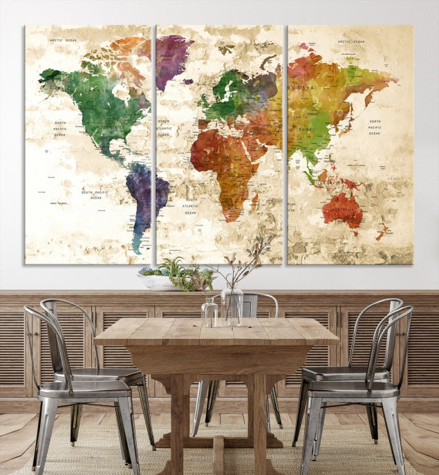 Push Pin World Map Canvas Print with Brownish Background Extra Large Framed Map Poster