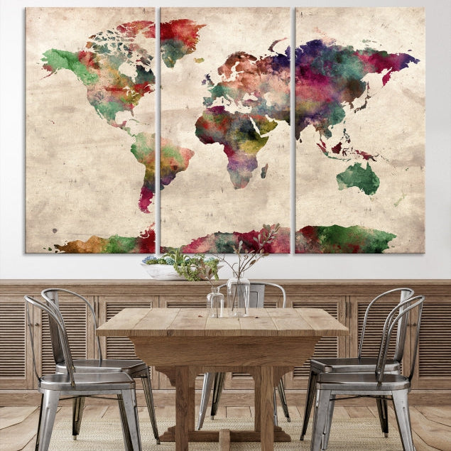 Colorful Watercolor World Map Framed Canvas Wall Art Giclee Print