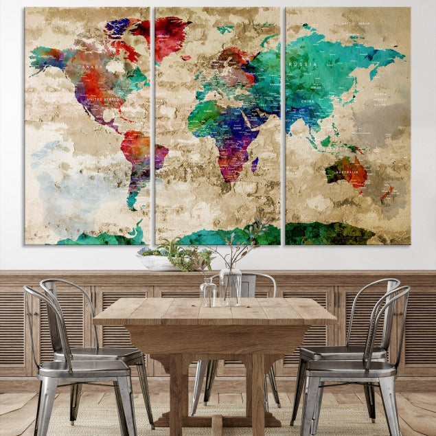 Multi Panel World Map with Push Pins Detailed Map Canvas Wall Art Print