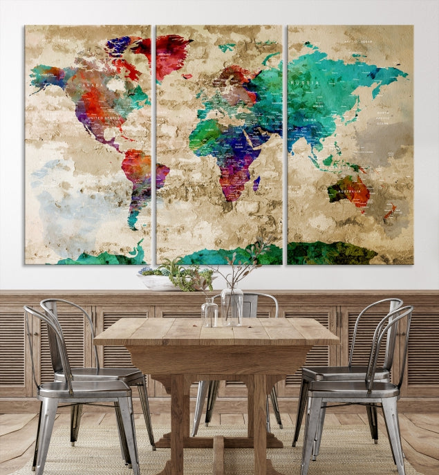 Multi Panel World Map with Push Pins Detailed Map Canvas Wall Art Print