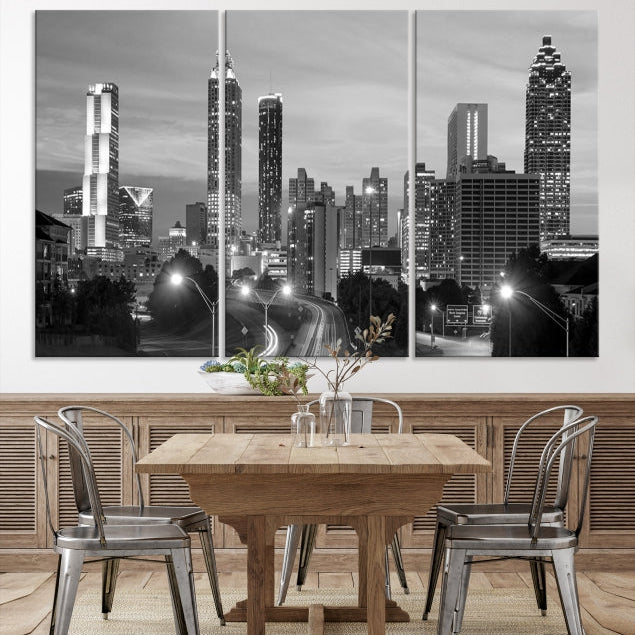 Atlanta City Cloudy Skyline Black and White Cityscape Canvas Print