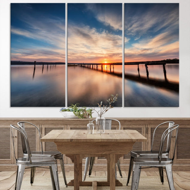 Wooden Pier at Sunset Seascape Wall Art Canvas Print for Home Office Decor