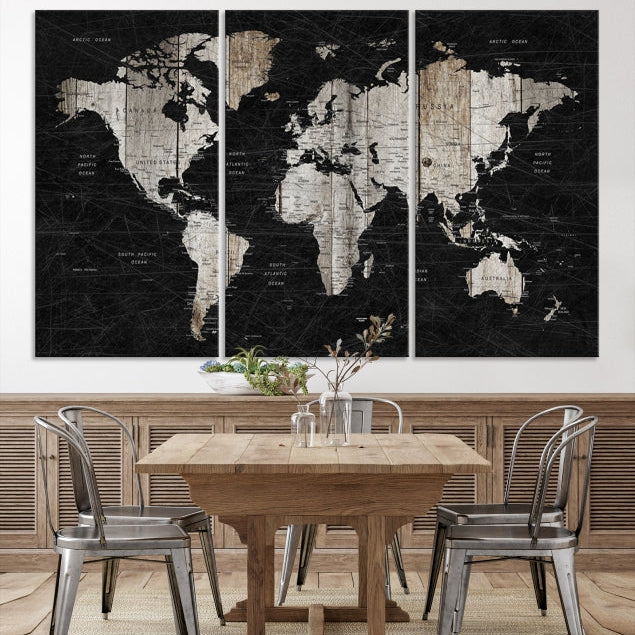 Black Push Pin World Map Detailed Framed Wall Art Canvas Print