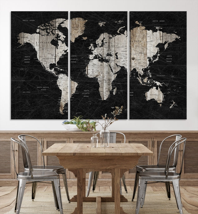 Black Push Pin World Map Detailed Framed Wall Art Canvas Print