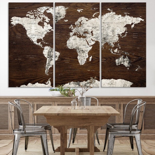 White Coloured World Map on Brown Background Large Canvas Print Wall Art