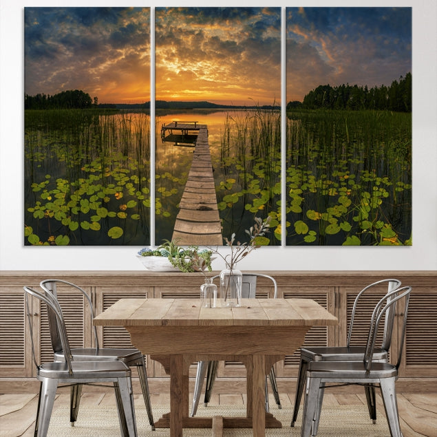 Flowers and Sunset at Lake Wall Art Natural Landscape Canvas Print