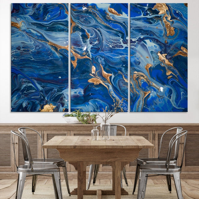 Navy Blue Marble Fluid Effect Abstract Painting Canvas Wall Art Giclee Print