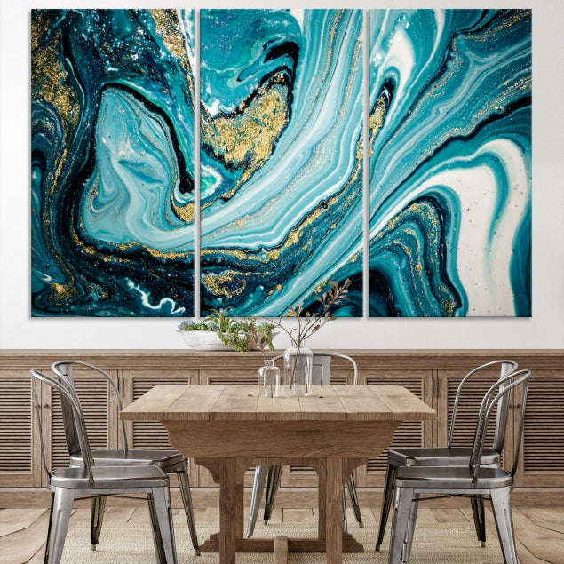 Turquoise Gold Marble Modern Abstract Painting Large Canvas Wall Art Giclee Print