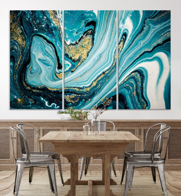 Turquoise Gold Marble Modern Abstract Painting Large Canvas Wall Art Giclee Print