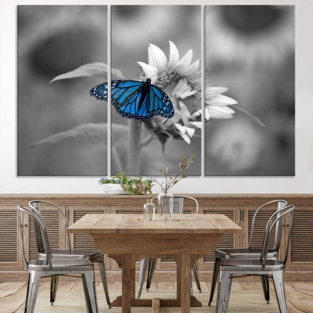 Pretty Blue Butterfly Black and White Canvas Wall Art Print Framed Ready to Hang