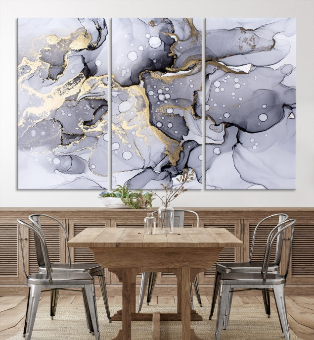 Gray Gold Abstract Painting on Giclee Canvas Wall Art Print Framed