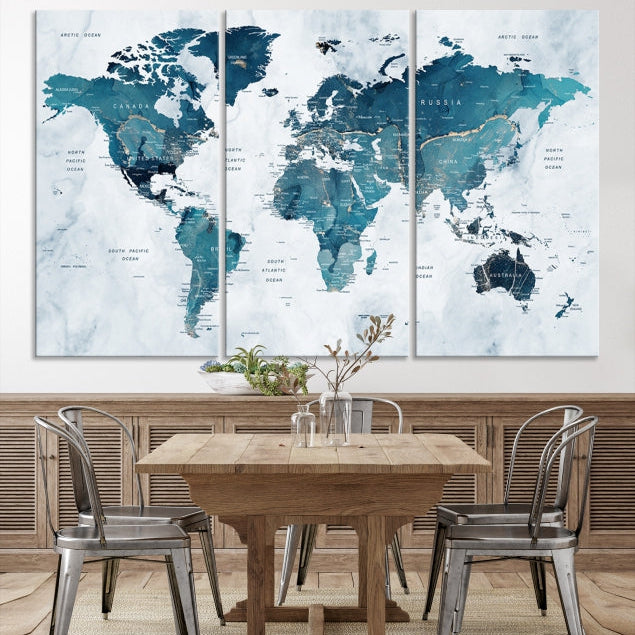 Blue World Map Extra Large Wall Art Canvas Print