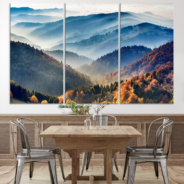 Mountain Misty Forest Foggy Autumn Framed Canvas Wall Art Giclee Print