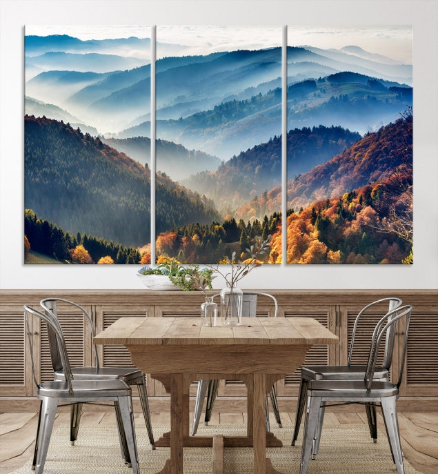 Mountain Misty Forest Foggy Autumn Framed Canvas Wall Art Giclee Print