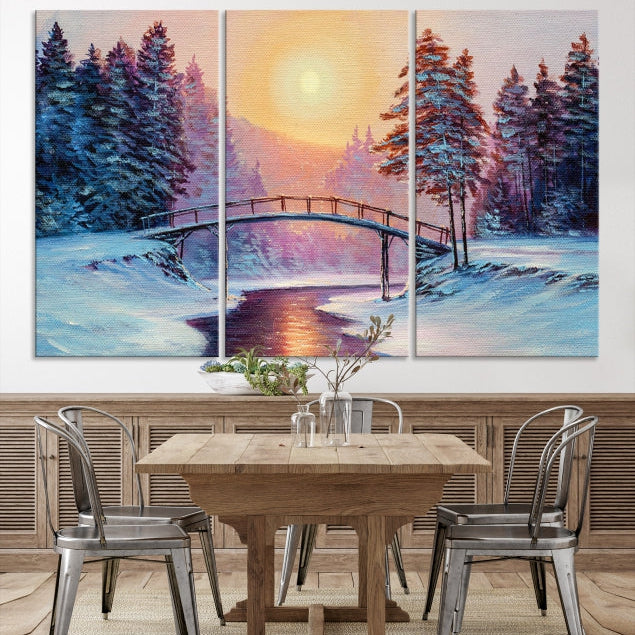 Beautiful Winter Landscape Painting Snowy Bridge Giclee Canvas Extra Large Wall Art Print