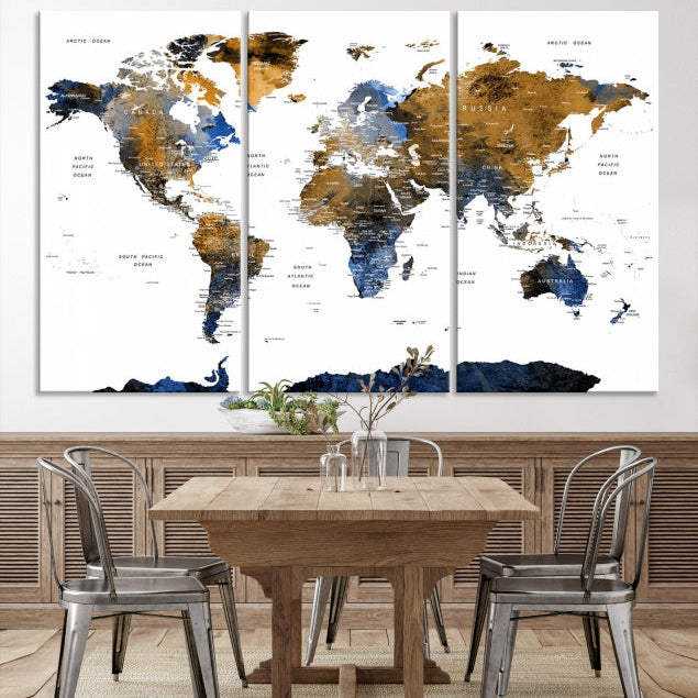 Push Pin Watercolor World Map Framed Canvas Wall Art Print