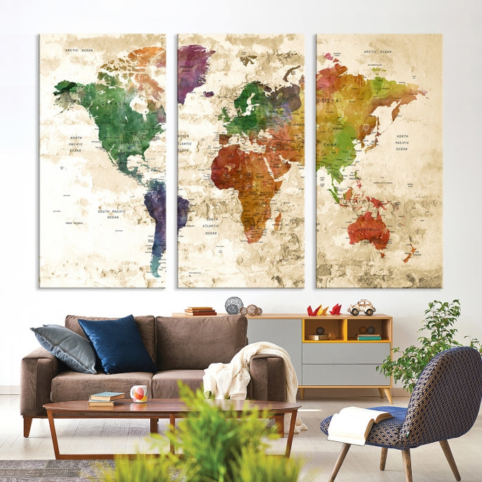 Push Pin World Map Canvas Print with Brownish Background Extra Large Framed Map Poster