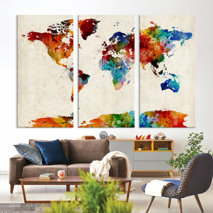 Large Wall Art World Map Watercolor Canvas Print