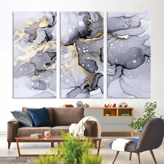 Gray Gold Abstract Painting on Giclee Canvas Wall Art Print Framed