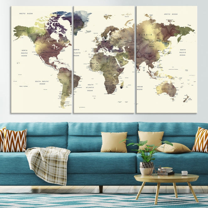 Vivid Colors Detailed World Map Wall Art Push Pin Travel Map Canvas Print