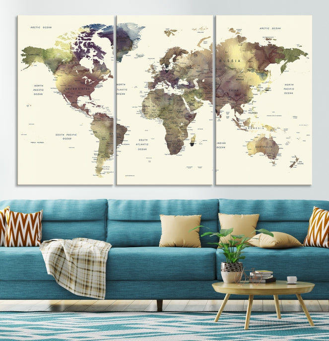 Vivid Colors Detailed World Map Wall Art Push Pin Travel Map Canvas Print