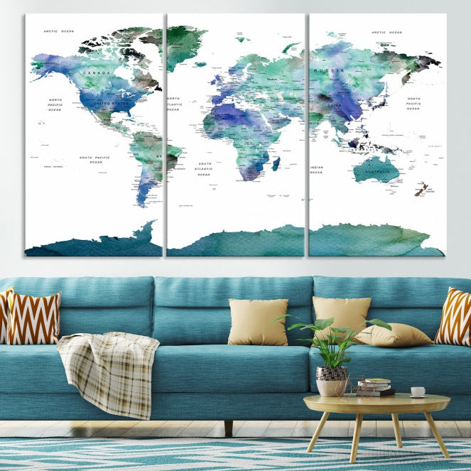 Vivid Colored World Map Push Pin Travel Map Canvas Wall Art Giclee Print