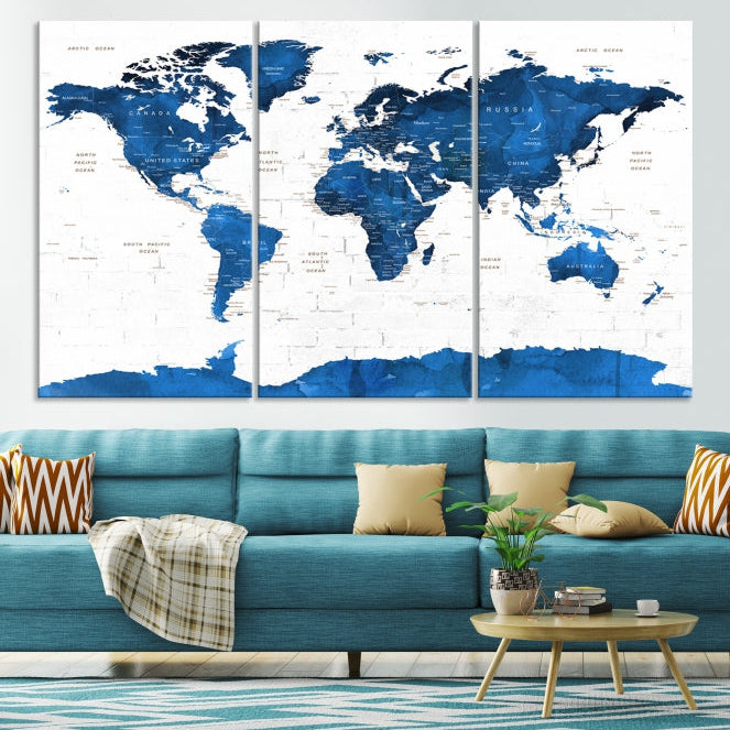 Blue Extra Large Framed Push Pin World Map Wall Art Canvas Print