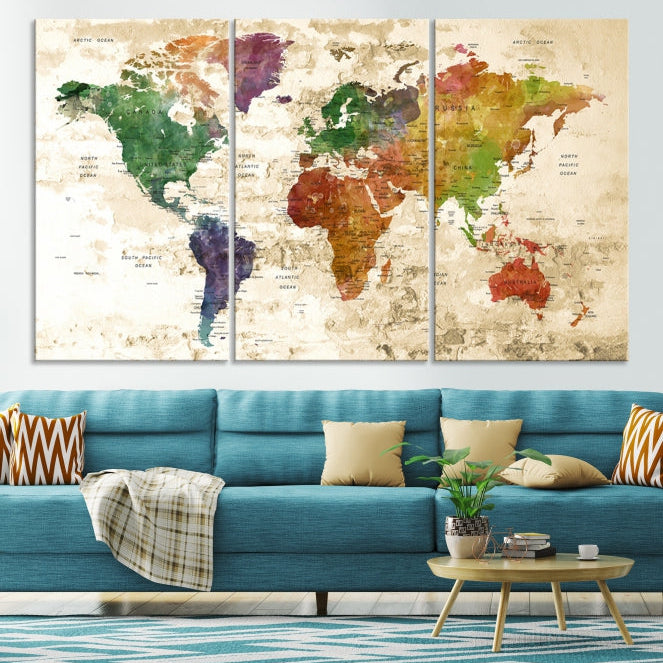 Push Pin World Map Canvas Print with Brownish Background Extra Large Framed Map Poster