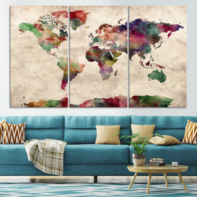 Colorful Watercolor World Map Framed Canvas Wall Art Giclee Print