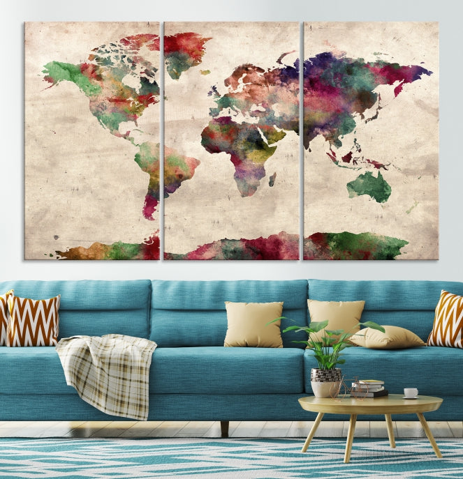 Colorful Watercolor World Map Framed Canvas Wall Art Giclee Print