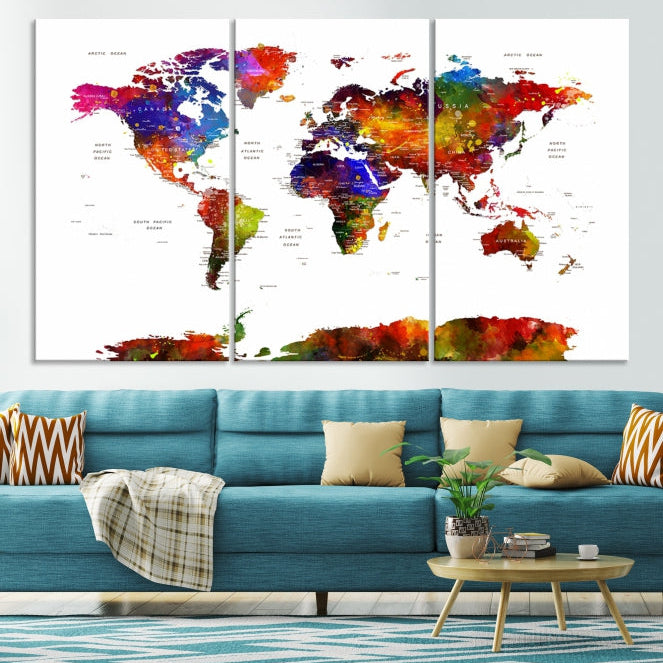 Extra Large Colorful World Map Framed Canvas Wall Art Print