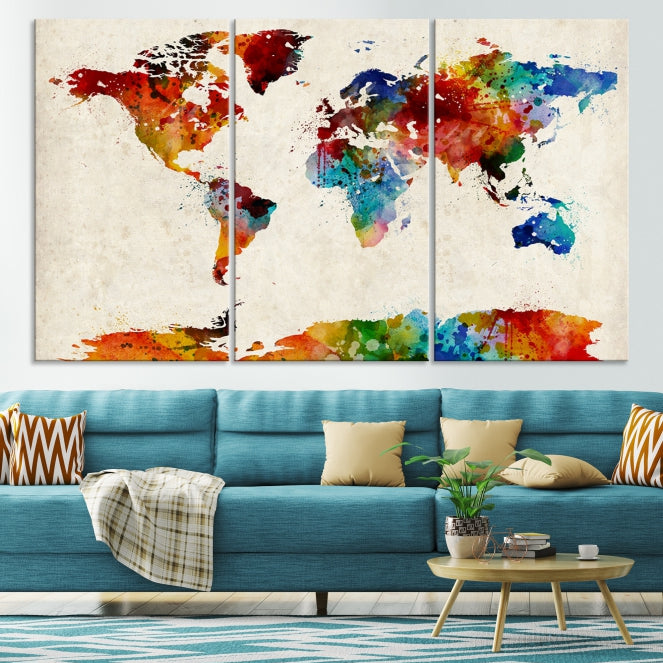 Large Wall Art World Map Watercolor Canvas Print