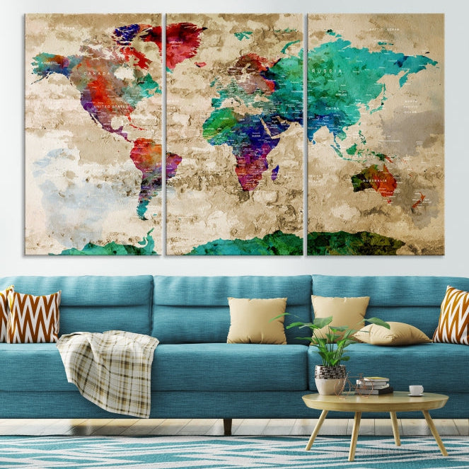 Multi Panel World Map with Push Pins Detailed Map Canvas Wall Art Print