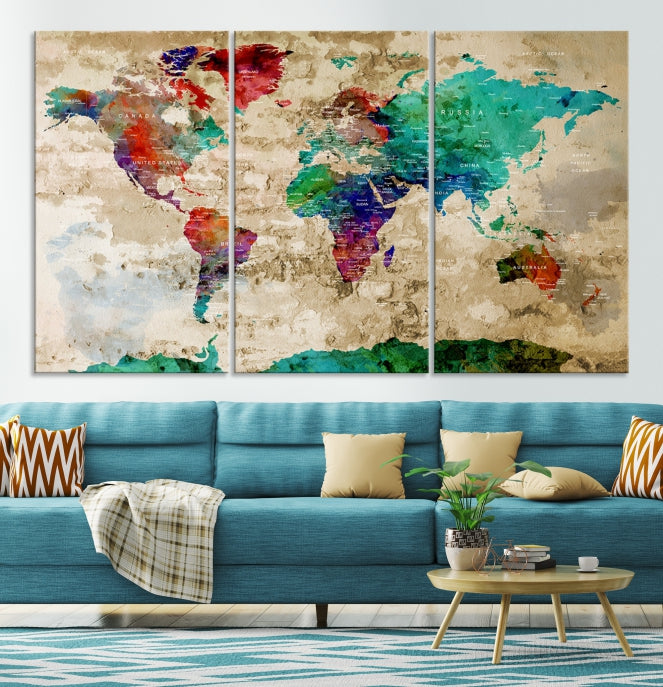 Multi Panel World Map with Push Pins Detailed Map Canvas Wall Art Print