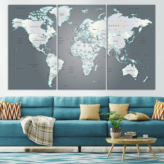 Gray World Map Push Pin Travel Map Canvas Wall Art Giclee Print