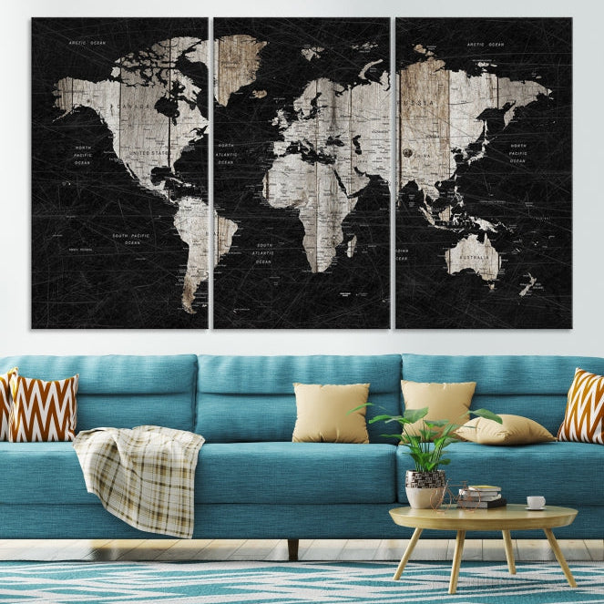 Black Push Pin World Map Detailed Framed Wall Art Canvas Print