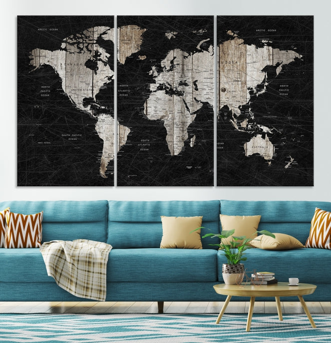 Black Push Pin World Map Detailed Framed Wall Art Canvas Print