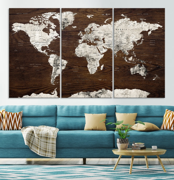 White Coloured World Map on Brown Background Large Canvas Print Wall Art