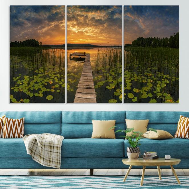 Flowers and Sunset at Lake Wall Art Natural Landscape Canvas Print