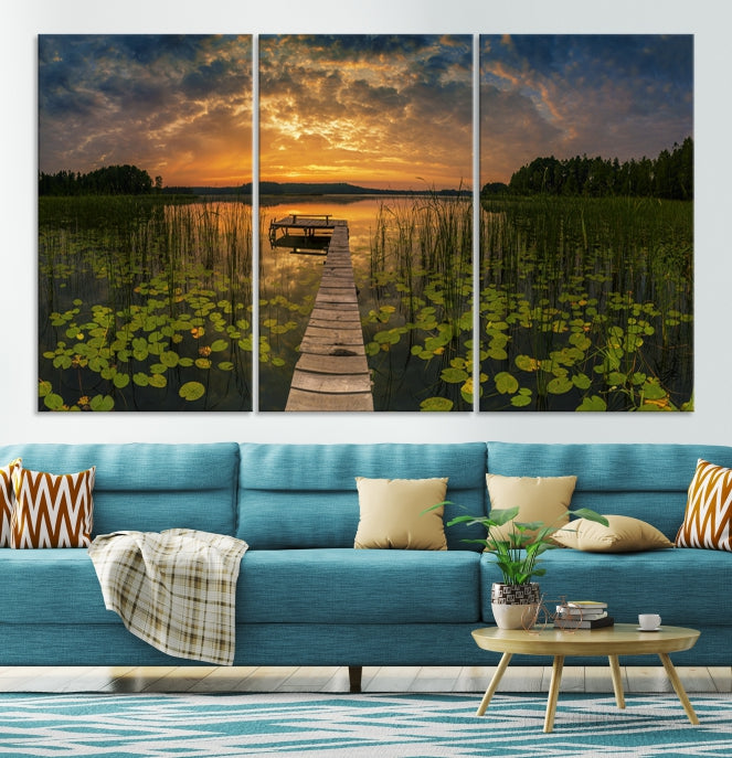 Flowers and Sunset at Lake Wall Art Natural Landscape Canvas Print