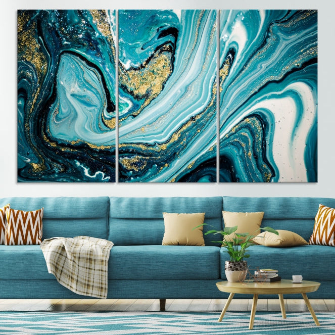 Turquoise Gold Marble Modern Abstract Painting Large Canvas Wall Art Giclee Print