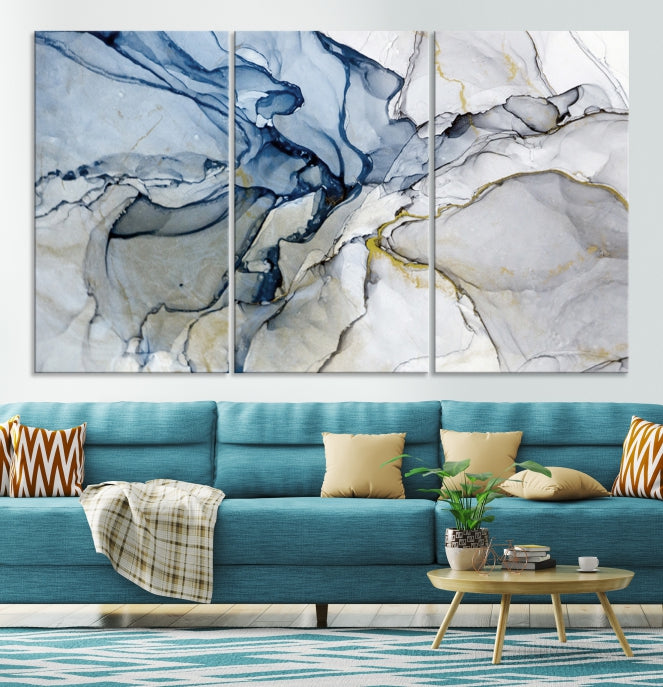 Create a Serene & Stylish Atmosphere with Our Large Blue Fluid Abstract Canvas Wall Art PrintA Modern Masterpiece