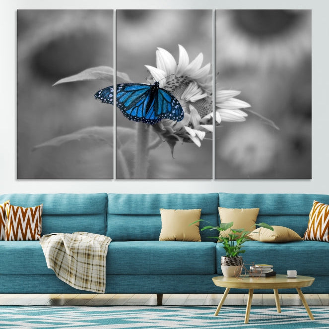 Pretty Blue Butterfly Black and White Canvas Wall Art Print Framed Ready to Hang