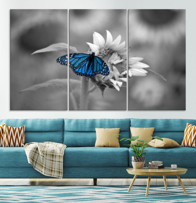 Pretty Blue Butterfly Black and White Canvas Wall Art Print Framed Ready to Hang